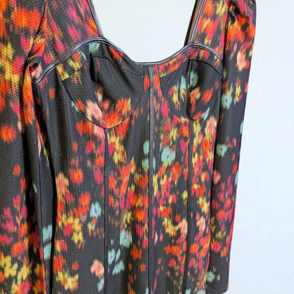 Guess Blurred Floral Long Puff Sleeve Sweatheart Bustier Mini Dress, Size Medium - Picture 2 of 5